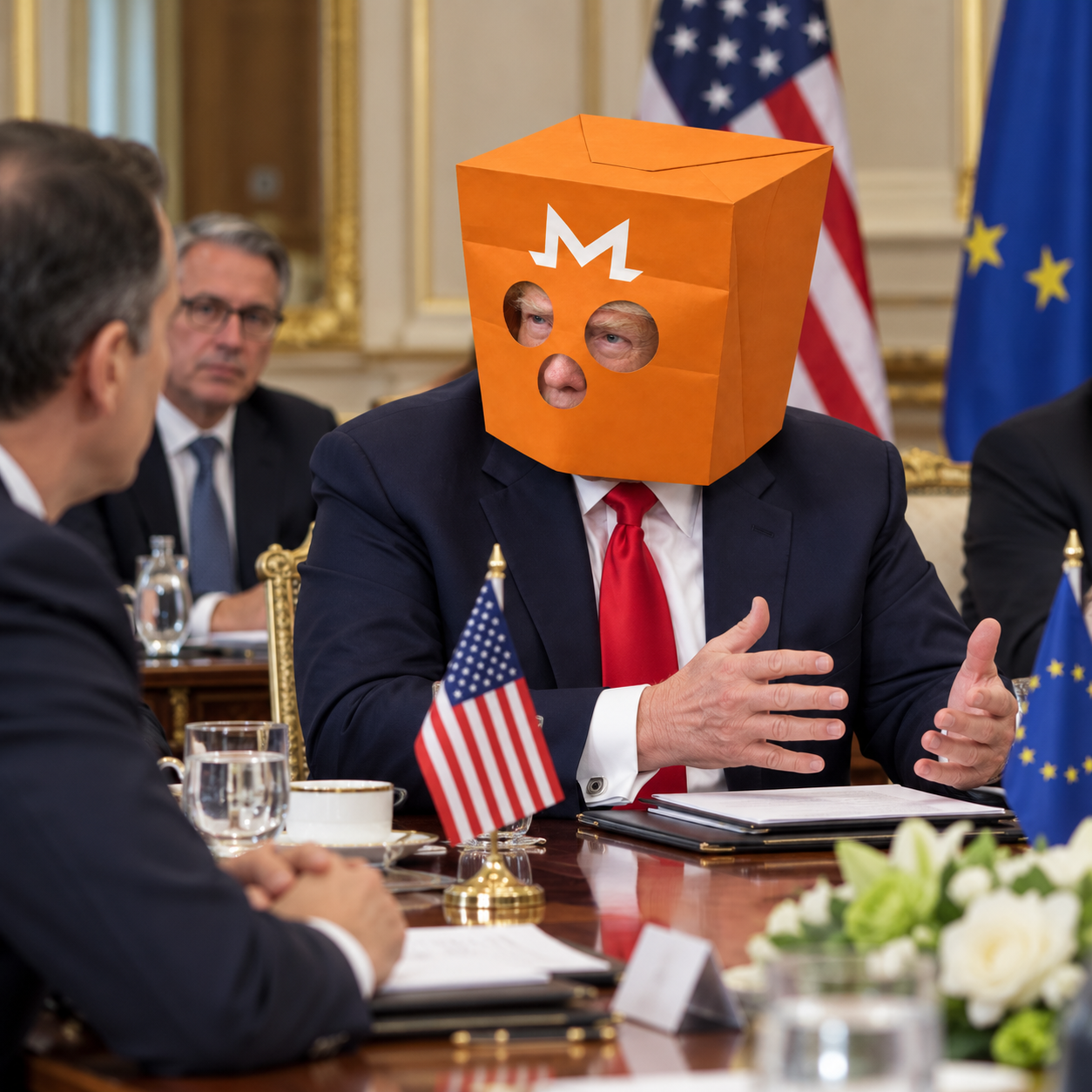 Mysterious Trump in an orange bag mask at a diplomatic meeting