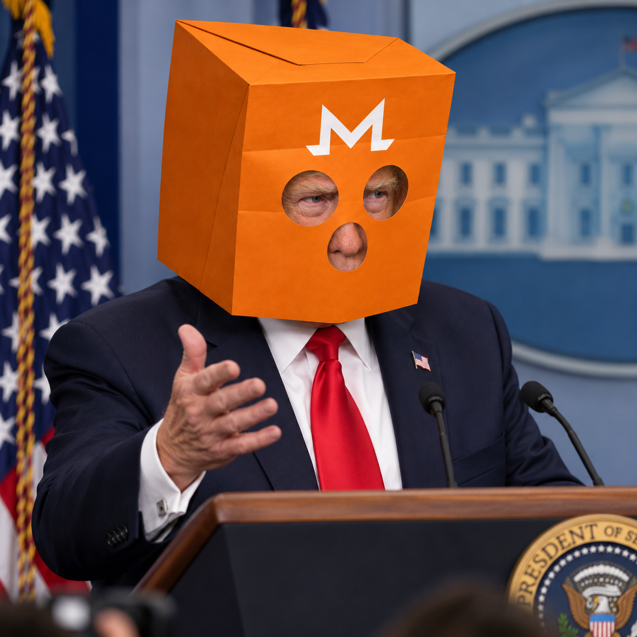Mysterious Trump in an orange bag mask speaking at a press podium
